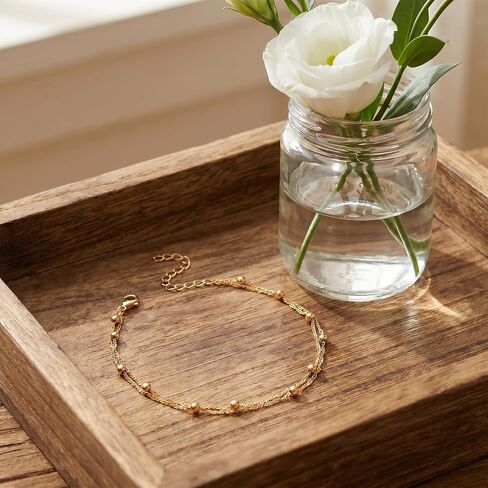Ankle Bracelets for Women Gold Plated Anklet for Women Waterproof Adjustable Stackable Link Double Layer Anklet Beaded Summer Beach Foot Jewelry for Woman Gold Jewelry Gift Non Tarnish Lightweight in Saudi Arabia