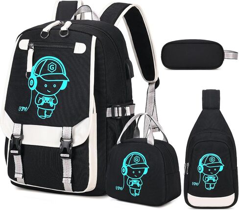 Bevalsa Backpack for Boys, Cool Luminous Boys Backpack with Sling Bag, Lunch Box & Pen Case, School Bags for Kids Children Teens Elementary Middle Schools, Bookbag Glow In The Dark (Lightning) in Kuwait