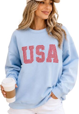USA Sweatshirt Women Light Blue Red Gingham Patriotic Crewneck, Cute 4th of July Outfit, Memorial Day Summer Pullover in Saudi Arabia