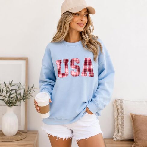 USA Sweatshirt Women Light Blue Red Gingham Patriotic Crewneck, Cute 4th of July Outfit, Memorial Day Summer Pullover in Saudi Arabia