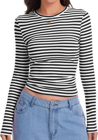 Ribbed Long Sleeve Tops for Women,Stretch Striped Shirt Slim Fit Tee in Saudi Arabia