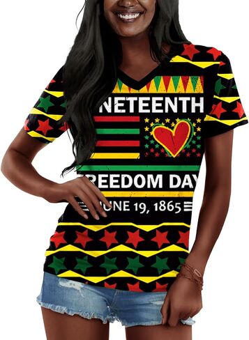 قميص AOBUTE النسائي Juneteenth برقبة على شكل حرف V وأكمام قصيرة in Kuwait
