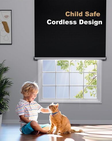 100% Blackout Roller Shades, Cordless No Tools No Drill Blinds for Indoor Windows, Thermal Insulation UV Protection, Easy Install Blackout Curtains with Rod & Buckles(28" W*72" H) in Saudi Arabia