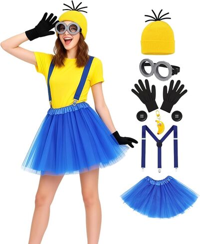 Cartoon Costume Set for Women, Funny Accessory Kit with Beanie Goggles Suspenders Tutu Skirt for Halloween Party in Saudi Arabia