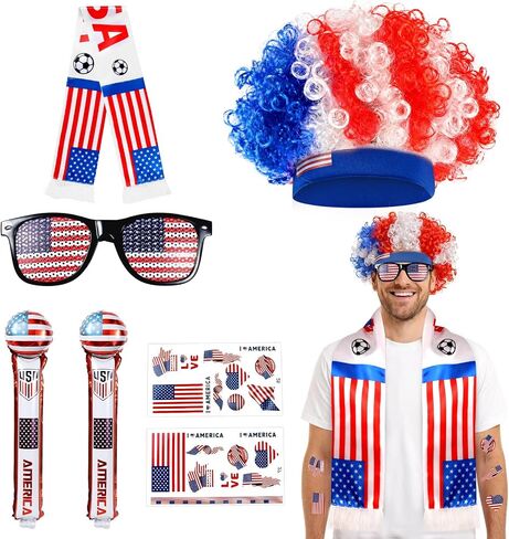 5 Pcs 2026 World Soccer Sport Cup Costume incluede Curly Hair,Sunglasses, Stickers and Scarf for USA Fans Support Kit in Saudi Arabia