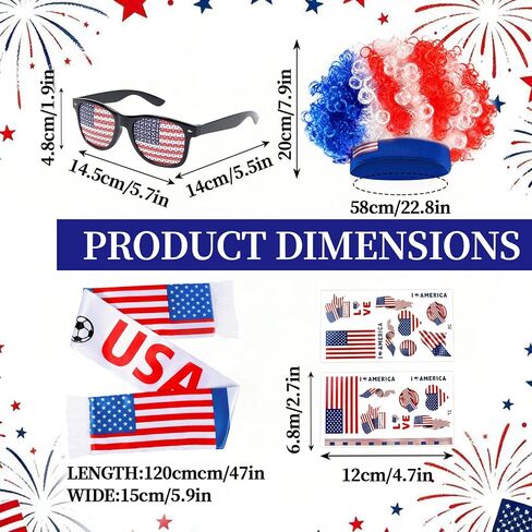 5 Pcs 2026 World Soccer Sport Cup Costume incluede Curly Hair,Sunglasses, Stickers and Scarf for USA Fans Support Kit in Saudi Arabia