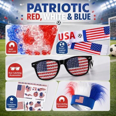 5 Pcs 2026 World Soccer Sport Cup Costume incluede Curly Hair,Sunglasses, Stickers and Scarf for USA Fans Support Kit in Saudi Arabia
