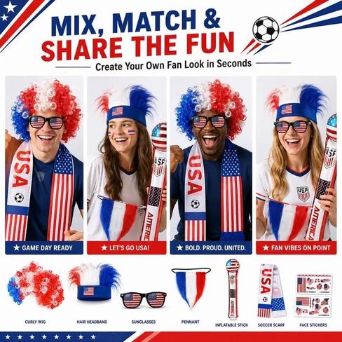 5 Pcs 2026 World Soccer Sport Cup Costume incluede Curly Hair,Sunglasses, Stickers and Scarf for USA Fans Support Kit in Saudi Arabia