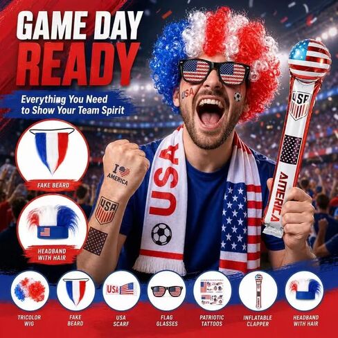 5 Pcs 2026 World Soccer Sport Cup Costume incluede Curly Hair,Sunglasses, Stickers and Scarf for USA Fans Support Kit in Saudi Arabia