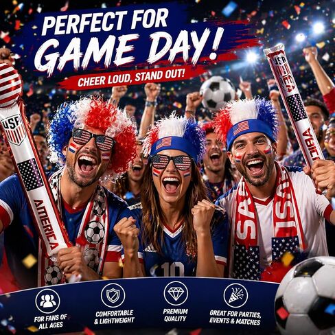 5 Pcs 2026 World Soccer Sport Cup Costume incluede Curly Hair,Sunglasses, Stickers and Scarf for USA Fans Support Kit in Saudi Arabia