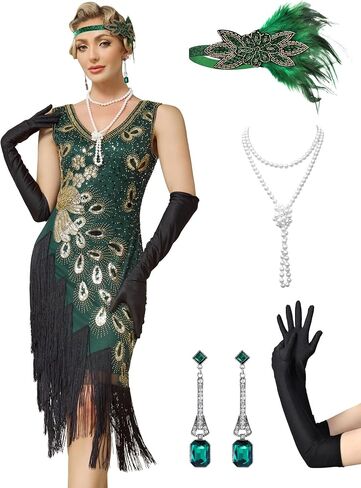 MTITE 1920s Vintage Peacock Flapper Dresses Sequin Fringed Gatsby Dress with Accessories set in Saudi Arabia