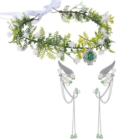 Fairy Elf Ears Cuffs Costume Set, Halloween Elves Cosplay Set with Fairy Flower Crown Headpiece, Leaf Elves Wings Ear Cuff for Renaissance Costume Medieval Tiara, Silver in Saudi Arabia
