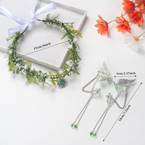 Fairy Elf Ears Cuffs Costume Set, Halloween Elves Cosplay Set with Fairy Flower Crown Headpiece, Leaf Elves Wings Ear Cuff for Renaissance Costume Medieval Tiara, Silver in Saudi Arabia