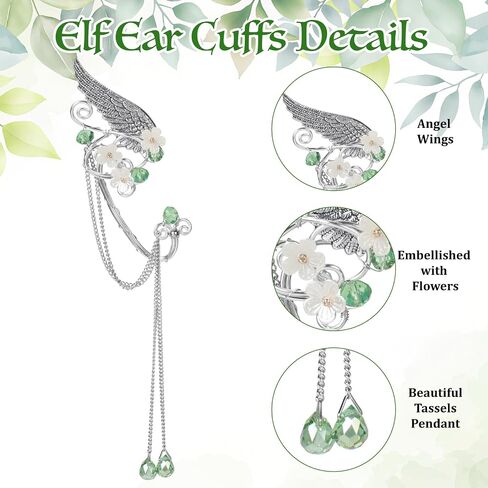Fairy Elf Ears Cuffs Costume Set, Halloween Elves Cosplay Set with Fairy Flower Crown Headpiece, Leaf Elves Wings Ear Cuff for Renaissance Costume Medieval Tiara, Silver in Saudi Arabia