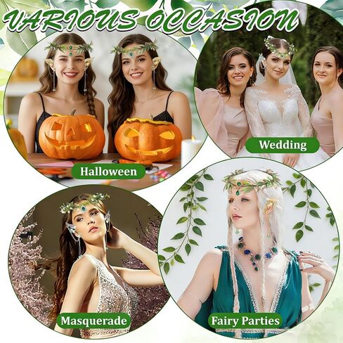 Fairy Elf Ears Cuffs Costume Set, Halloween Elves Cosplay Set with Fairy Flower Crown Headpiece, Leaf Elves Wings Ear Cuff for Renaissance Costume Medieval Tiara, Silver in Saudi Arabia