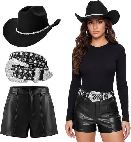 Shyyween 3 Pcs Western Outfits Cowgirl Costume Accessories for Women - Rhinestone Cowboy Hat, Faux Leather Belt & Shorts in Kuwait