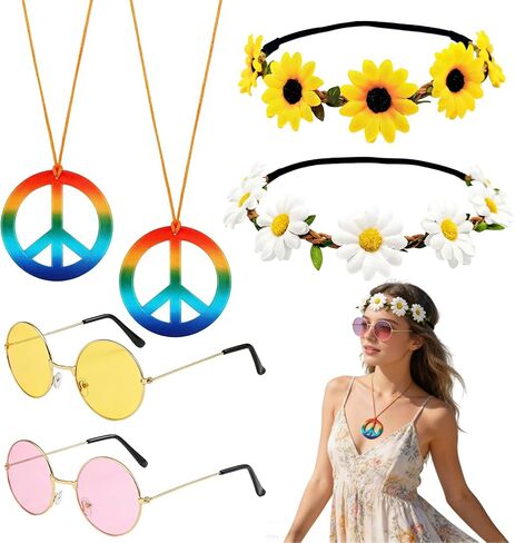 6 Pcs Hippie Accessories for Women, 60s 70s Accessories Women with 2 Peace Sign Necklace + 2 Daisy Flower Headbands + 2 Hippie Sunglasses, Hippie Costume for Carnival Vintage Party Multi in Kuwait
