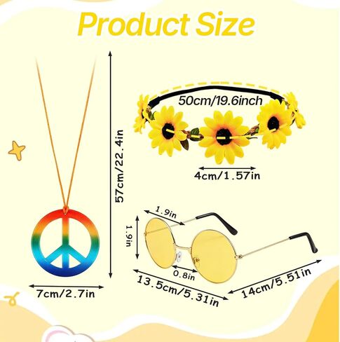 6 Pcs Hippie Accessories for Women, 60s 70s Accessories Women with 2 Peace Sign Necklace + 2 Daisy Flower Headbands + 2 Hippie Sunglasses, Hippie Costume for Carnival Vintage Party Multi in Kuwait