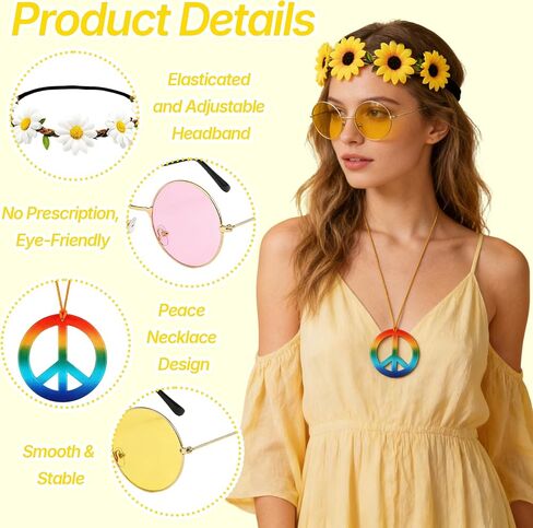 6 Pcs Hippie Accessories for Women, 60s 70s Accessories Women with 2 Peace Sign Necklace + 2 Daisy Flower Headbands + 2 Hippie Sunglasses, Hippie Costume for Carnival Vintage Party Multi in Kuwait