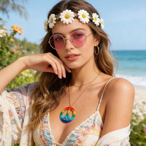 6 Pcs Hippie Accessories for Women, 60s 70s Accessories Women with 2 Peace Sign Necklace + 2 Daisy Flower Headbands + 2 Hippie Sunglasses, Hippie Costume for Carnival Vintage Party Multi in Kuwait