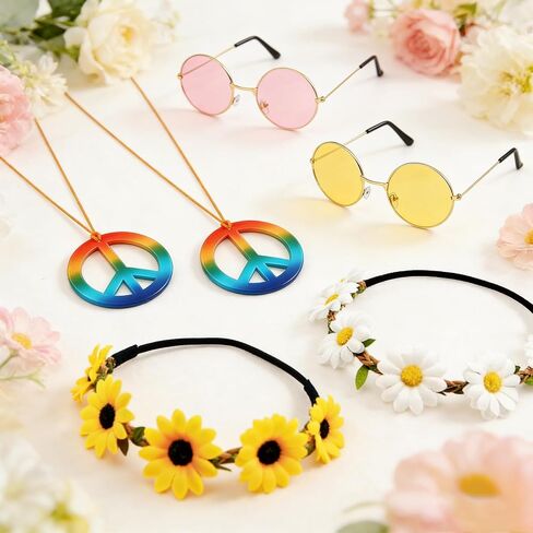 6 Pcs Hippie Accessories for Women, 60s 70s Accessories Women with 2 Peace Sign Necklace + 2 Daisy Flower Headbands + 2 Hippie Sunglasses, Hippie Costume for Carnival Vintage Party Multi in Kuwait
