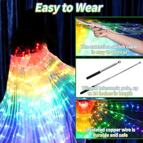 Carreuty LED Light UP Dance Wings Light Up Fairy Wings for Kids and Women, Glow Costume with Telescopic Rods, 360° 150inch Performance Wings for Halloween Cosplay Festival Rave Stage Dance in Kuwait
