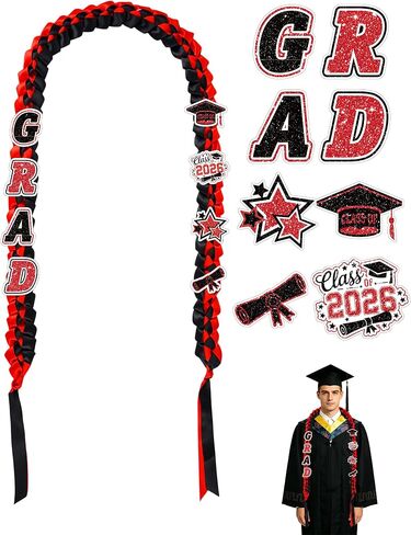 Graduation Leis Class of 2026, Black Red Braided Ribbon Leis Necklace with 12 Glitter Patches, Graduation Gifts for High School and College Graduates in Saudi Arabia