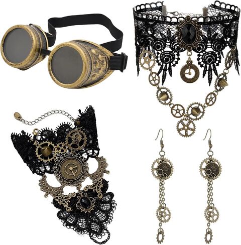 مجموعة إكسسوارات Dreuyet Steampunk من النظارات المصنوعة من الدانتيل والعتاد وسوار وأقراط للهالوين زي الحفلات القوطية الفيكتوري in Kuwait