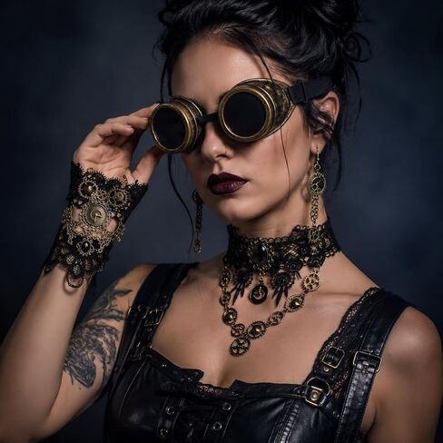 مجموعة إكسسوارات Dreuyet Steampunk من النظارات المصنوعة من الدانتيل والعتاد وسوار وأقراط للهالوين زي الحفلات القوطية الفيكتوري in Kuwait