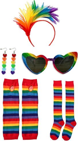 5 Pcs Pride Month Accessories Set for Women, Include Pride Month Rainbow Arm Warmers Rainbow Thigh High Socks Heart Love Earrings Heart Sunglasses Feathers Fascinator Headbands in Saudi Arabia