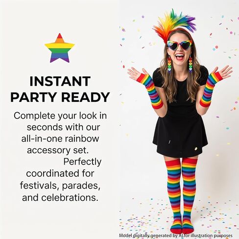 5 Pcs Pride Month Accessories Set for Women, Include Pride Month Rainbow Arm Warmers Rainbow Thigh High Socks Heart Love Earrings Heart Sunglasses Feathers Fascinator Headbands in Saudi Arabia
