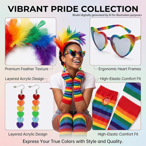 5 Pcs Pride Month Accessories Set for Women, Include Pride Month Rainbow Arm Warmers Rainbow Thigh High Socks Heart Love Earrings Heart Sunglasses Feathers Fascinator Headbands in Saudi Arabia