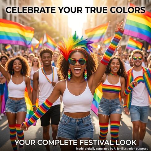 5 Pcs Pride Month Accessories Set for Women, Include Pride Month Rainbow Arm Warmers Rainbow Thigh High Socks Heart Love Earrings Heart Sunglasses Feathers Fascinator Headbands in Saudi Arabia