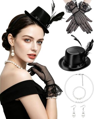 Black Mini Top Hat Headband Set, Small Top Hat with Lace Gloves and Pearl Jewelry Accessories Set, Vintage Party Costume Headpiece for Women Daily Themed Party Gathering in Saudi Arabia