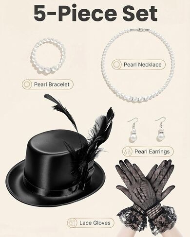 Black Mini Top Hat Headband Set, Small Top Hat with Lace Gloves and Pearl Jewelry Accessories Set, Vintage Party Costume Headpiece for Women Daily Themed Party Gathering in Saudi Arabia
