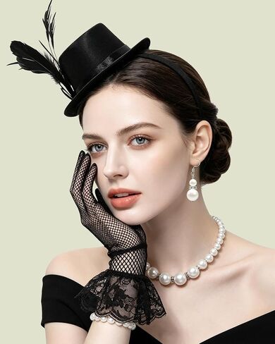 Black Mini Top Hat Headband Set, Small Top Hat with Lace Gloves and Pearl Jewelry Accessories Set, Vintage Party Costume Headpiece for Women Daily Themed Party Gathering in Saudi Arabia