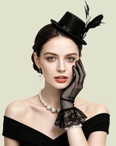Black Mini Top Hat Headband Set, Small Top Hat with Lace Gloves and Pearl Jewelry Accessories Set, Vintage Party Costume Headpiece for Women Daily Themed Party Gathering in Saudi Arabia