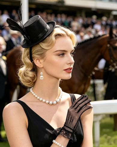 Black Mini Top Hat Headband Set, Small Top Hat with Lace Gloves and Pearl Jewelry Accessories Set, Vintage Party Costume Headpiece for Women Daily Themed Party Gathering in Saudi Arabia