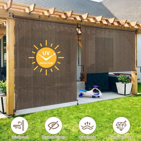 Outdoor Roller Shade 8' W x 6' H Cordless - Two Pole Splicing Design Exterior Roll Up Blinds with One-Piece 90% UV Block Fabric for Patio, Backyard, Pergola & Balcony, Mocha in Saudi Arabia