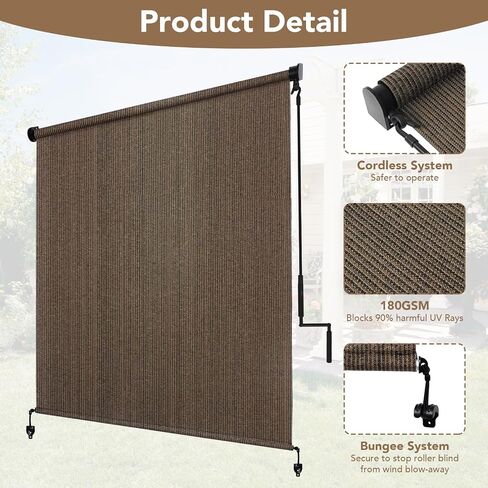 Outdoor Roller Shade 8' W x 6' H Cordless - Two Pole Splicing Design Exterior Roll Up Blinds with One-Piece 90% UV Block Fabric for Patio, Backyard, Pergola & Balcony, Mocha in Saudi Arabia