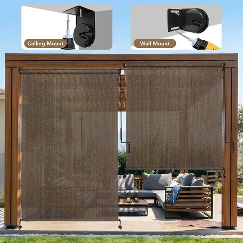 Outdoor Roller Shade 8' W x 6' H Cordless - Two Pole Splicing Design Exterior Roll Up Blinds with One-Piece 90% UV Block Fabric for Patio, Backyard, Pergola & Balcony, Mocha in Saudi Arabia