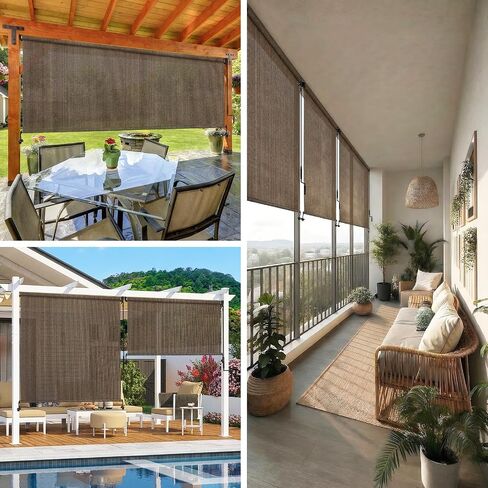 Outdoor Roller Shade 8' W x 6' H Cordless - Two Pole Splicing Design Exterior Roll Up Blinds with One-Piece 90% UV Block Fabric for Patio, Backyard, Pergola & Balcony, Mocha in Saudi Arabia
