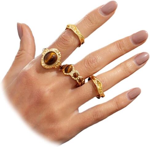 4Pcs Stacking Brown Oval Amber Open Rings Set, Punk Chunky Gold Statement Pleated Knuckle Ring for Women Vintage Charm Party Prom Finger Jewelry Gifts in Saudi Arabia