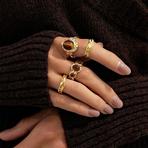 4Pcs Stacking Brown Oval Amber Open Rings Set, Punk Chunky Gold Statement Pleated Knuckle Ring for Women Vintage Charm Party Prom Finger Jewelry Gifts in Saudi Arabia