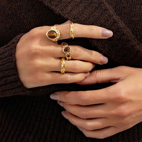 4Pcs Stacking Brown Oval Amber Open Rings Set, Punk Chunky Gold Statement Pleated Knuckle Ring for Women Vintage Charm Party Prom Finger Jewelry Gifts in Saudi Arabia