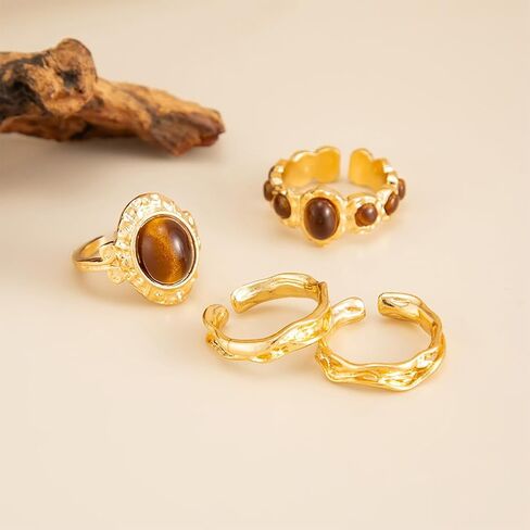 4Pcs Stacking Brown Oval Amber Open Rings Set, Punk Chunky Gold Statement Pleated Knuckle Ring for Women Vintage Charm Party Prom Finger Jewelry Gifts in Saudi Arabia