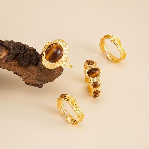 4Pcs Stacking Brown Oval Amber Open Rings Set, Punk Chunky Gold Statement Pleated Knuckle Ring for Women Vintage Charm Party Prom Finger Jewelry Gifts in Saudi Arabia