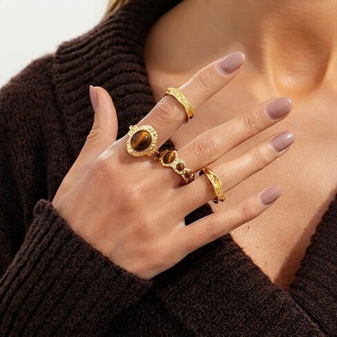 4Pcs Stacking Brown Oval Amber Open Rings Set, Punk Chunky Gold Statement Pleated Knuckle Ring for Women Vintage Charm Party Prom Finger Jewelry Gifts in Saudi Arabia