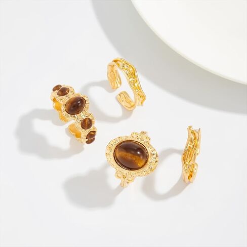 4Pcs Stacking Brown Oval Amber Open Rings Set, Punk Chunky Gold Statement Pleated Knuckle Ring for Women Vintage Charm Party Prom Finger Jewelry Gifts in Saudi Arabia