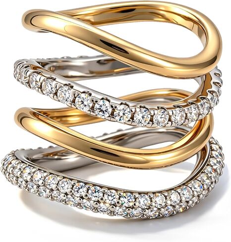 Stackable Gold Rings for Women Wavy Band Mixed Metals Dainty 14K Gold Plated Cubic Zirconia Wedding Ring Set Minimalist Promise Engagement Eternity Ring Stack Jewelry Size 5-11 in Saudi Arabia
